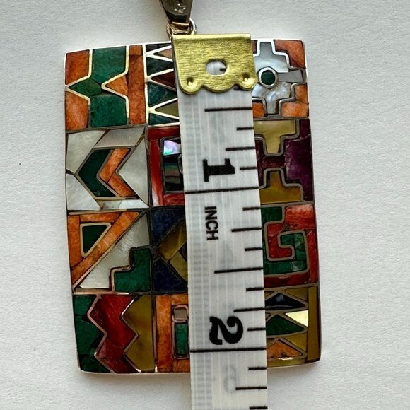 Peruvian 950 Sterling Silver Pendant | Rectangular Mosaic Inlay | Natural Stones - Picture 13 of 15